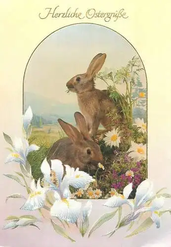 Herzliche Ostergrusse Postcard rabbits springtime flowers