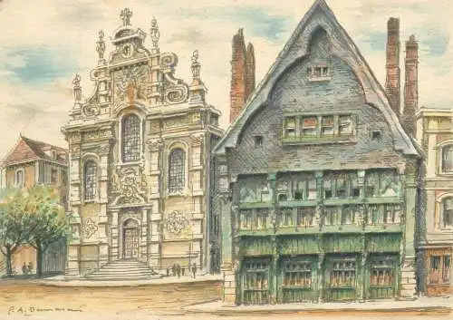signed illustration Postcard France Cambrai Maison Espagnole et la Chapelle du Grand Seminaire