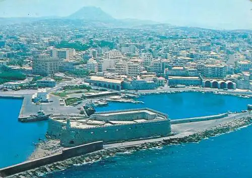 Postcard Greece Crete Heraclio Venetian harbour and fort aerial 1997