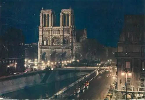 Postcard France Paris Notre Dame night view 1974