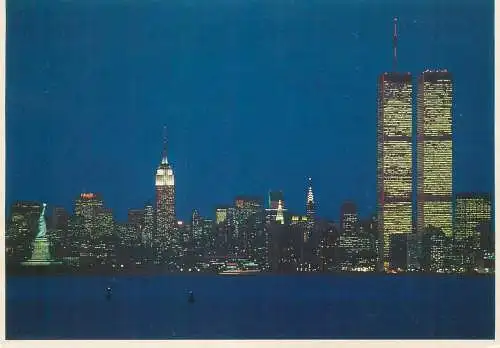 Postcard USA NY New York city Manhattan skyline at night 1987