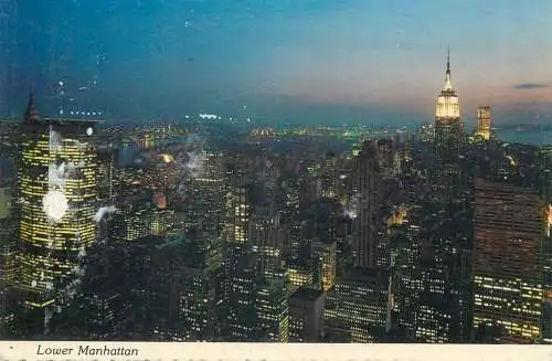 Postcard USA New York Lower Mannhattan nocturnal panoramic view