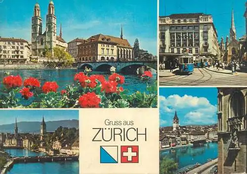 Postcard Switzerland Zurich multi view tram 1977