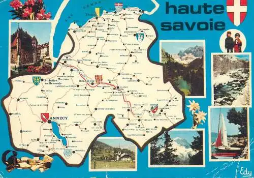 Postcard France Haute Savoie winter and summer holiday map 1976