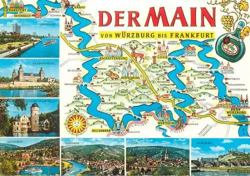 Postcard Germany Der Main von Wurzburg bis Frankfurt map multi view