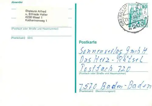 Germany Postkarte 1989 stationery correspondance Baden-Baden