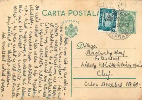 Romania postal stationery postcard 1933 King Carol II 3 lei green aviation stamp uprated Brasov to Cluj
