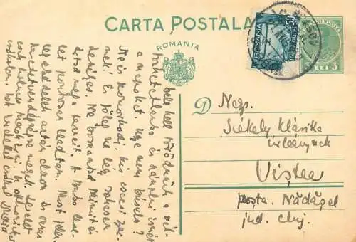 Romania postal stationery postcard 1933 King Carol II 3 lei green aviation stamp uprated Brasov to Vistea