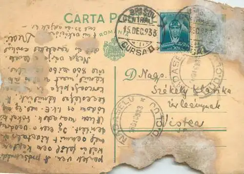 Romania postal stationery postcard 1933 King Carol II 3 lei green aviation stamp uprated Brasov to Vistea