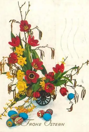 Easter greetings flowers vase & penciled eggs Kruger Publishing postcard