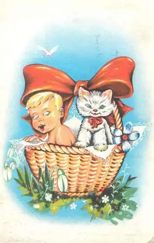 Easter greetings Romania drawn boy & cat caricature snowdrops 1967