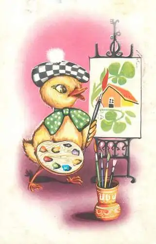 Easter greetings Romania paintor chicken 1969