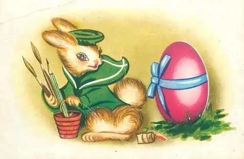 Easter greetings Romania rabbit lapin painciled egg