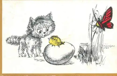 Easter greetings postcard drawn chick cat & butterfly caricature 1967 Romania