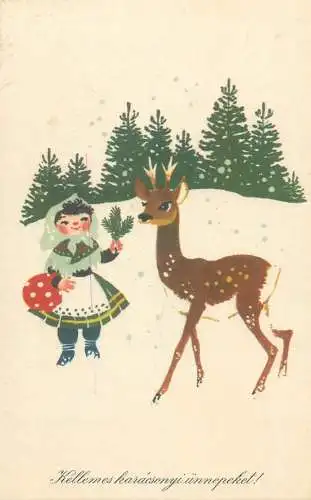 Christmas greetings postcard Hungary deer c.1969