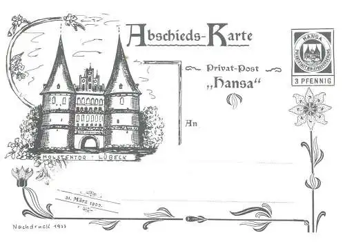 Deutschland Postkarte Abschieds-Karte Privat-Post " Hansa " 1977 3 Pfennig