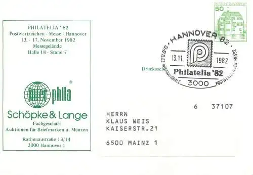 Deutschland Postkarte Philatelia ` 82 Hannover