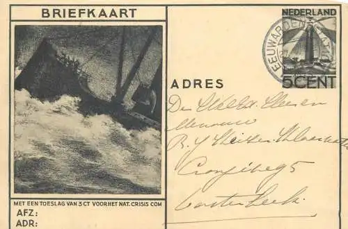 Nederland briefkaart 5 cent zwart met 3 cent toeslag voor crisis 27-nov-1933