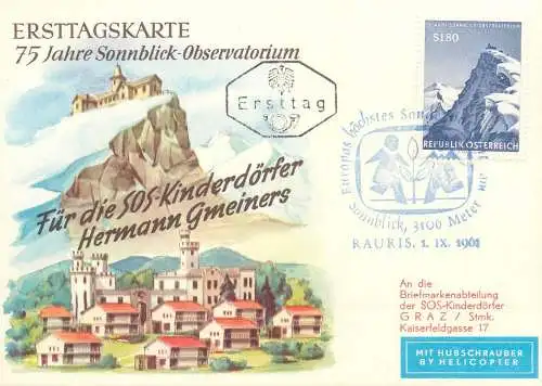 Ersttagskarte 75 Jahre Sonnblick Observatorium mit Hubschrauber by Helicopter 1961 Rauris