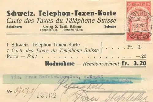 Carte des Taxes du Telephone Suisse 1924 Schweiz Telephon Taxen Karte Solothurn Switzerland map