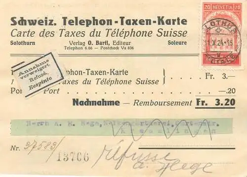 Carte des Taxes du Telephone Suisse 1924 Schweiz Telephon Taxen Karte Solothurn Switzerland map