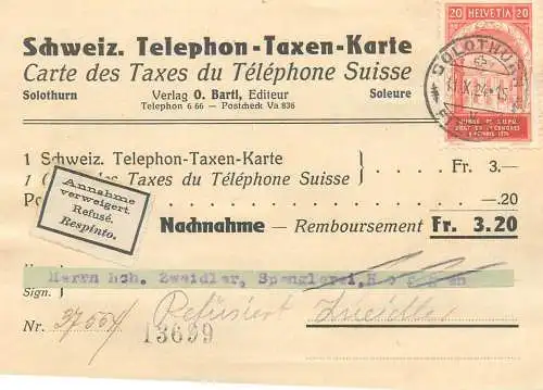Carte des Taxes du Telephone Suisse 1924 Schweiz Telephon Taxen Karte Solothurn Switzerland map