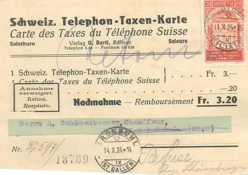 Carte des Taxes du Telephone Suisse 1924 Schweiz Telephon Taxen Karte Solothurn Switzerland map