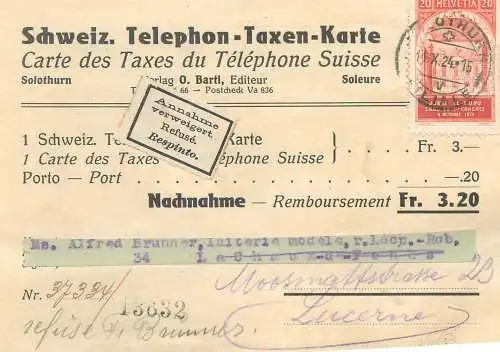 Carte des Taxes du Telephone Suisse 1924 Schweiz Telephon Taxen Karte Solothurn Switzerland map