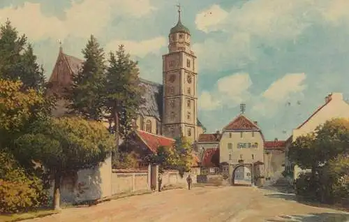 Postcard Germany Lauingen Donau church tower