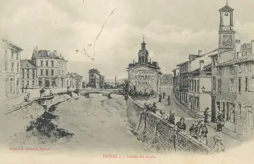 Postcard France Épinal Vosges river banks clocktower