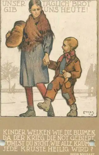 Artist pierced / holed postcard Carl Moos: Unser Täglich Brot gib uns Heute, Mutter avec Kind bread pain