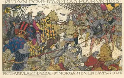Suisse fête Anniverssaire de la Bataille de Morgarten en Faveur d'Uri 1915 battle scene cartolina Giornata Urana