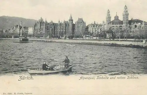 Postcard Switzerland Zurich Alpenquai Tonhalle und rothes Schloss rowboat