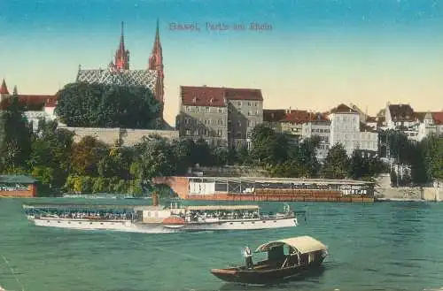 Postcard Switzerland Basel partie am Rhein boat