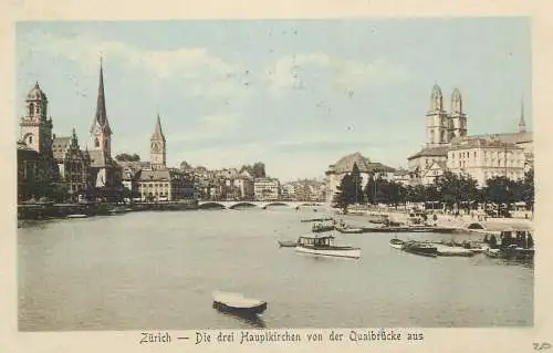 Postcard Switzerland Zurich Hauptkirchen Quaibrucke 1920