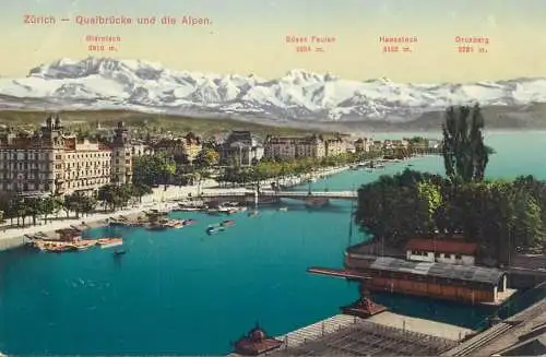 Postcard Switzerland Zurich Quaibrucke und die Alpen