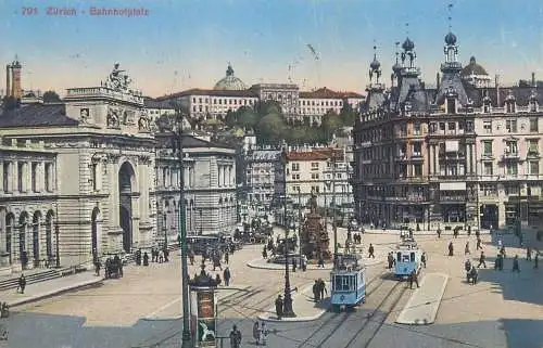 Postcard Switzerland Zurich Bahnofplatz tram 1921