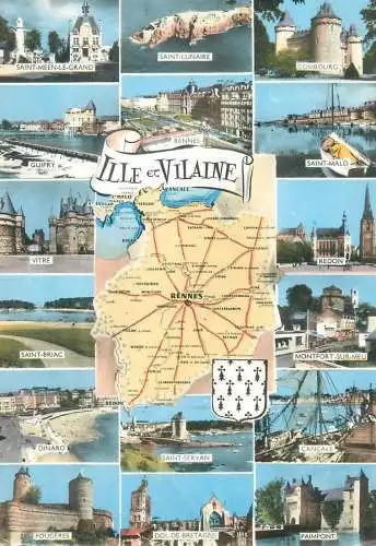 Postcard France Ille et Villaine multi view map