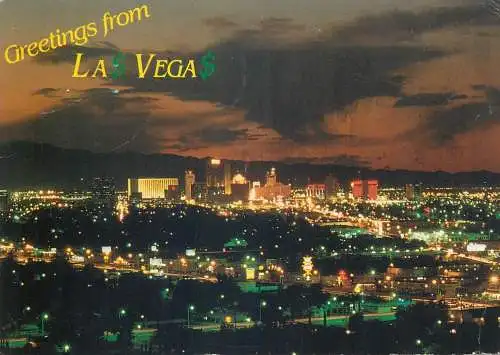 Postcard USA Nevada Las Vegas aerial night lights 1992