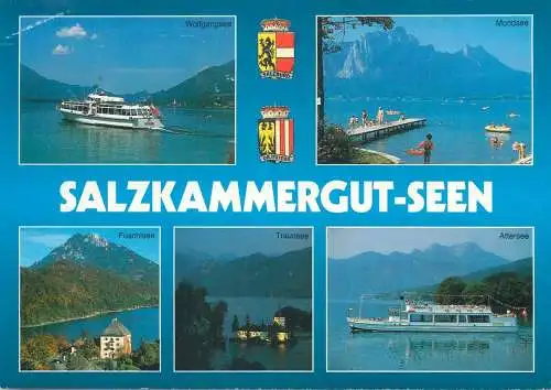 Postcard Austria Salzkammergut region multi view yacht cruise ship coat of arms