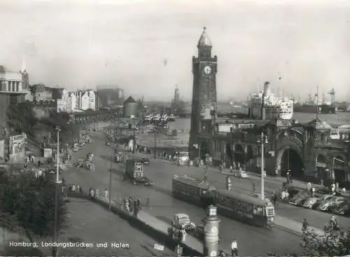 Postcard Germany Hamburg Landungsbrucken und Hafen tramway