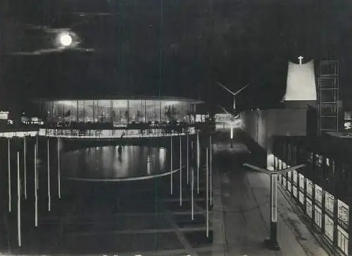 Postcard Belgium Bruxelles 1958 International Expo Pavilions of Holy See and USA by night