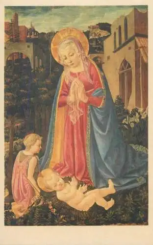 Religious Fine Arts Postcard Madonna and Child with St John by the Master of Castello Nativity