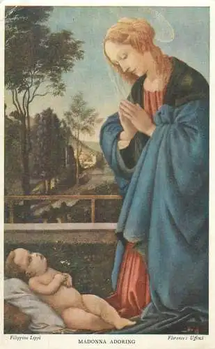 Religious Fine Arts Postcard Madonna adoring Filippino Lippi