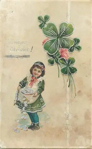 Name Day greetings Postcard ethnic young girl folk typical outfit four-leaf clover lucky charm