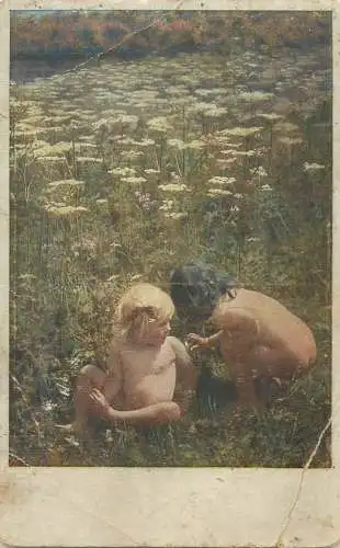 Postcard young children types in flower field