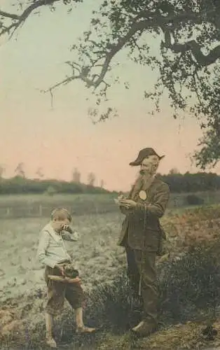 Postcard young boy with his old man