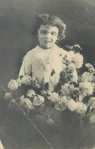 Postcard fancy elegant outfit young girl curly hairstyle flower bouquet