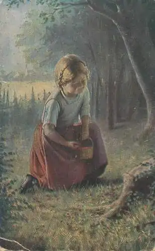 Postcard folk typical outfit sad crying girl in the forest
