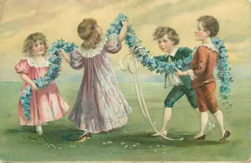 Postcard childhood games children types playing outdoor historical elegant types